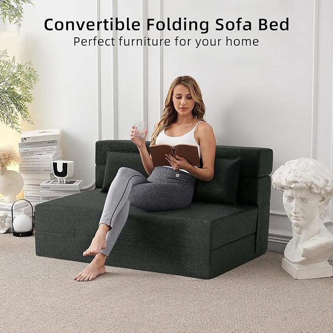 FILUXE Convertible Folding Sofa Bed - Sleeper Chair with Pillow Modern Linen Fabric Floor &amp Futon Couch Foldable Mattress for Living Room/Dorm/Guest Use/Home Office/Apartment Queen Size Dark G