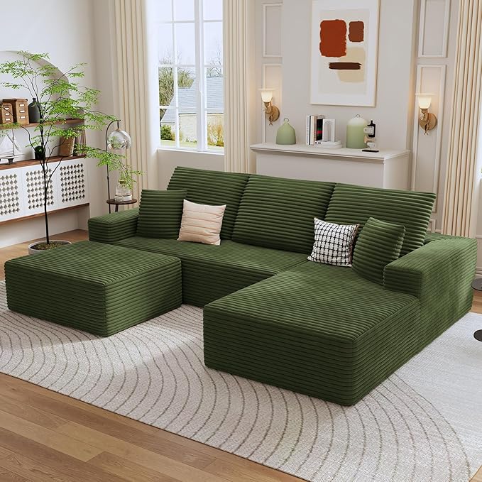 107 Cloud Sectional Couch with U-Shaped Chaise Corduroy Sectional Sofa with Ottoman Boneless Couch with Deep Seat in a Box for Living Room No Assembly Required (Green Right Facing Chaise)