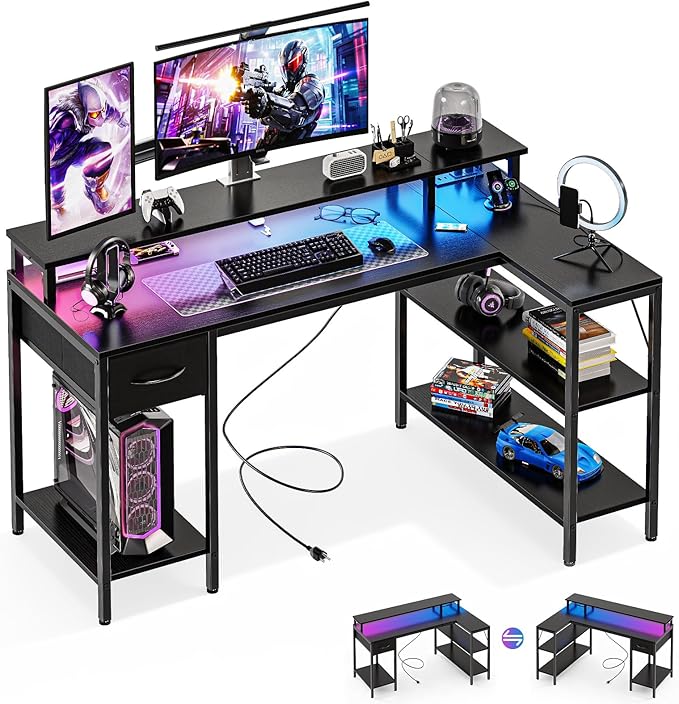 DUMOS 53” Gaming Desk with USB Charging Ports &amp LED Lights Reversible L Shaped Desks Computer Corner Gamer Table with Power Outlets Monitor Stand Storage Shelves for Home Office Small Space Blac