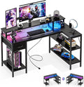 DUMOS 53” Gaming Desk with USB Charging Ports &amp LED Lights Reversible L Shaped Desks Computer Corner Gamer Table with Power Outlets Monitor Stand Storage Shelves for Home Office Small Space Blac