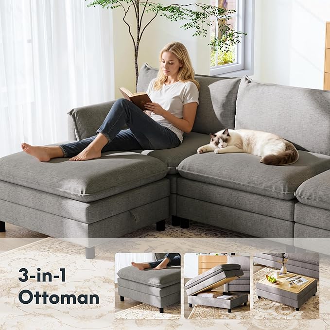 FLEXISPOT SF6 Cloud Sectional Couch for Living Room with Reversible Ottoman 100.4 L-Shaped Modular Sectional Sofa with Storage 3-Seater Comfy Sofa Couch for Apartment Chenille Gray