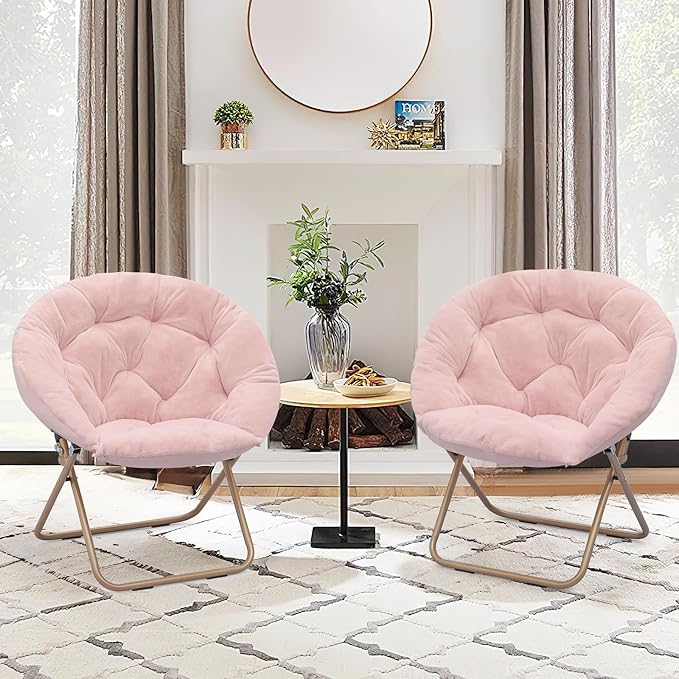 Foldable Oversized Moon Chairs Set of 2 Large Soft Lazy Cozy Comfortable Faux Fur Round Saucer Moon Chairs Set of 2 for Teens and Adults Light Pink
