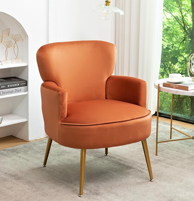 Trendy Velvet Accent Chair with Gold Metal Legs Upholstered Armchair for Small to Mid-Size Spaces Modern Living Room Bedroom Vanity Desk and Entryway Red Orange