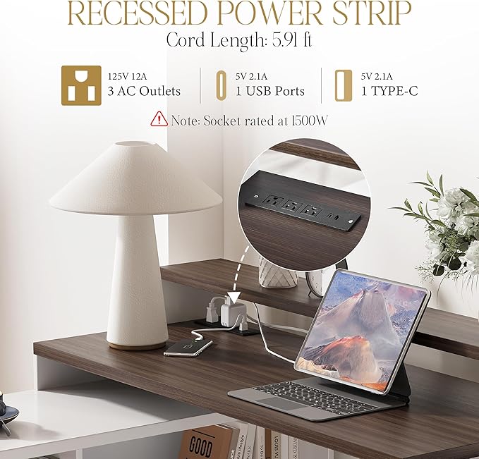 67 L Shaped Executive Desk with Drawers &amp Storage Shelf Corner Computer Desk with Power Outlets Home Office Desk with Monitor Stand Printer Shelf Computer Writing Desk for Work Antique White