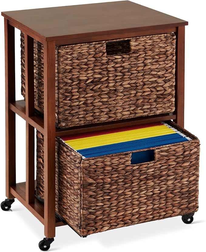 Best Choice Products Vertical Rolling File Cabinet Multipurpose Portable Water Hyacinth Basket Organizer for Home Office Workspace w/Rubberwood Frame Metal Sliders Locking Caster Wheels - Mocha