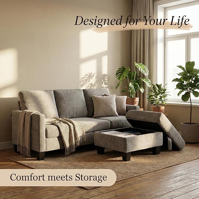 Furnimart Modern Small 3-Seater Sofa Set with Storage Ottoman Compact Couch for Small Space Chenille Fabric Solid Wood Frame Side Pocket &amp Storage Footstool Living Room Apartment(Grey)