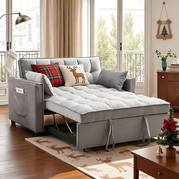 3-in-1 Loveseat Sleeper Sofa Modern 55.5 Pull Out Couch Velvet Upholstered Futon Sofa Bed with Adjustable Backrest Convertible Sofa Bed with Storage Pockets for Living Room(Light Grey)