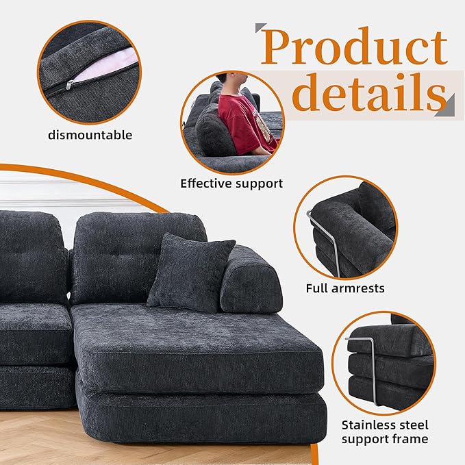104 Modular Sectional Sofa Boneless Couch for Living RoomL-Shape Modular Sofa Bed with Fixed-Shape FrameFolding Floor Convertible Sofa Couch Bed with Reversible Chaise
