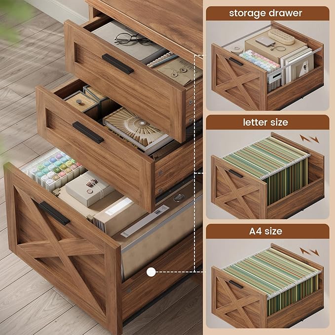 SEDETA 67 Farmhouse L Shaped Desk with 3 Drawers Executive Home Office Desks with Storage Shelves Corner Computer Desk with Power Outlets for Home Office Brown