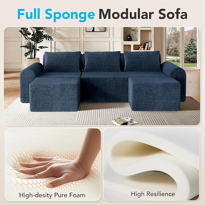 86.6 Modular Sofa Modern Boneless Sectional Sofa with Footstool No Assembly Required Extra-deep Chenille Fabric Seat L-Shaped Chaise Lounge Sofa Suitable for Living Room(Blue)