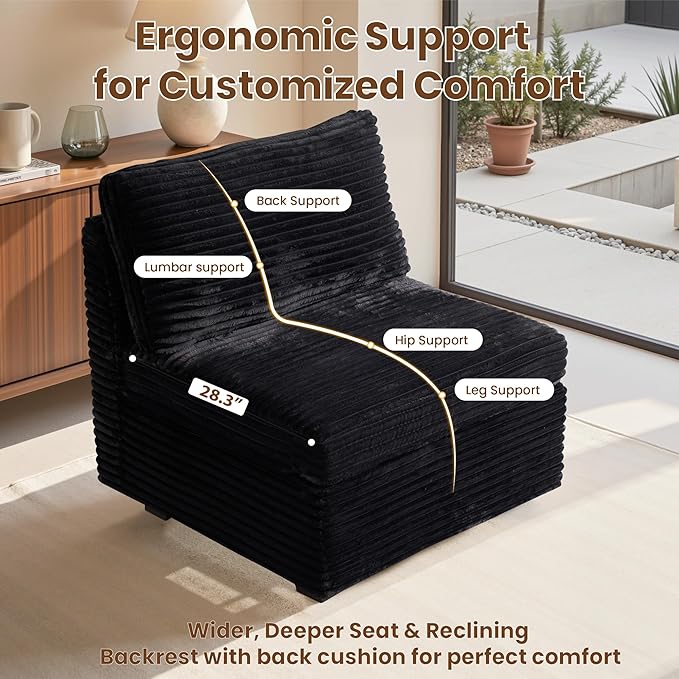 32.7'' Middle Seat for Modular Sectional Sofa Deep Seat Upholstered Armless Chair Sleeper Sofas L/U/V Shaped Plush Corduroy Cloud Couch for Living Room Apartment Black