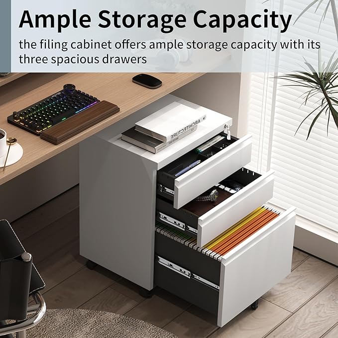Mobile File Cabinet for Home Office Lockable 3 Drawer Filing Cabinet with Wheels for A4-Size/Letter-Size/Legal-Size Fully Assembled Except Casters White