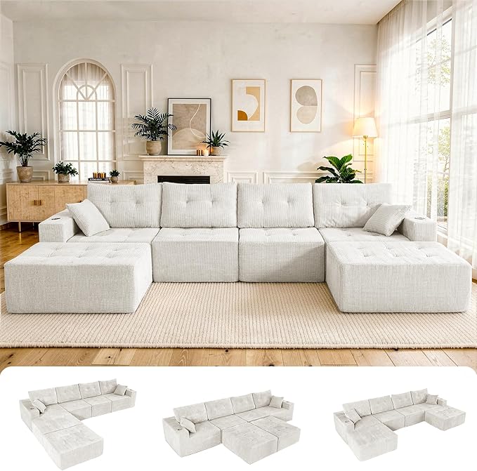 143 Modular Sectional Sofa for Living Room Convertible U-Shape Couch with Ottoman 6 Seater Modular Sectional SofaBeige Corduroy