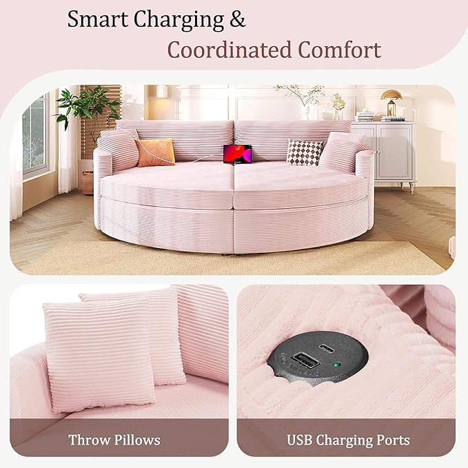 Merax 102.3 Oversized Double Chaise Lounge Indoor Comfy Corduroy Upholstered Loveseat Sleeper Sofa Bed Deep Seat Cloud Couch with USB Ports and Throw Pillows for Living Room Pink