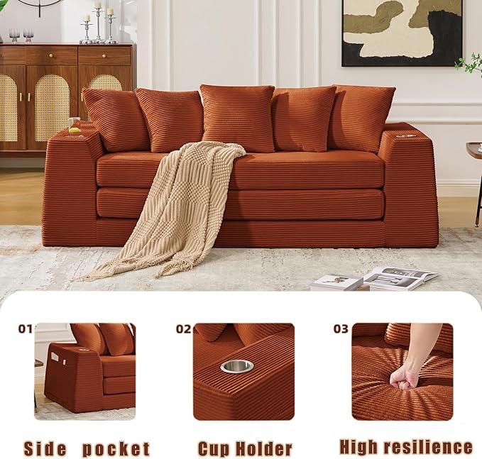 82'' Convertible Sofa Bed 2-in-1 Boneless Sleeper Sofa with Cup Holder &amp Pocket Corduroy Loveseat Sleeper Couch with 5 Pillows Pull Out Couch for Living Room Bedroom No Assembly (Orange)