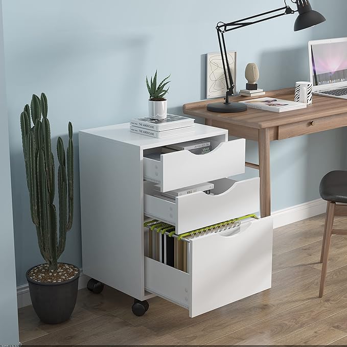 QDSSDECO 3 Drawer Mobile File Cabinet Rolling Vertical Filing Cabinet fits A4 Legal Paper and Letter Paper for Home Office White