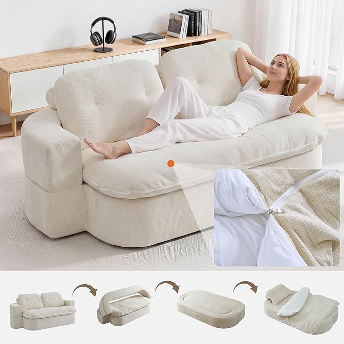 Kuahisoofa 78 Memory Foam Convertible Sofa Bed with Built-in Quilt Foldable Floor Couch Sleeper for Guests Room &amp Living Room Boneless Futon Cloud Sofa for Small Spaces White