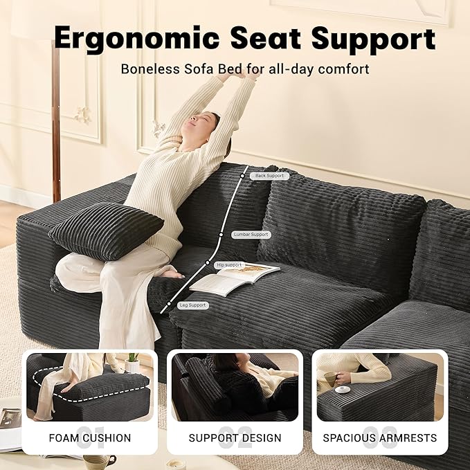 106.3” Sectional Couches for Living Room Set of Cloud Couch Modular Sectional Sofa Convertible Sofas Bed Deep Seat Sofa Corduroy Gray