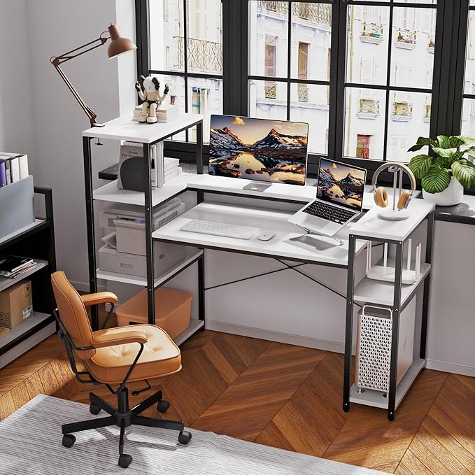 Computer Desk with Storage Shelves 63 Inch Teen Desk with Bookshelf Home Office Desk for Study Writing PC Work Gaming White