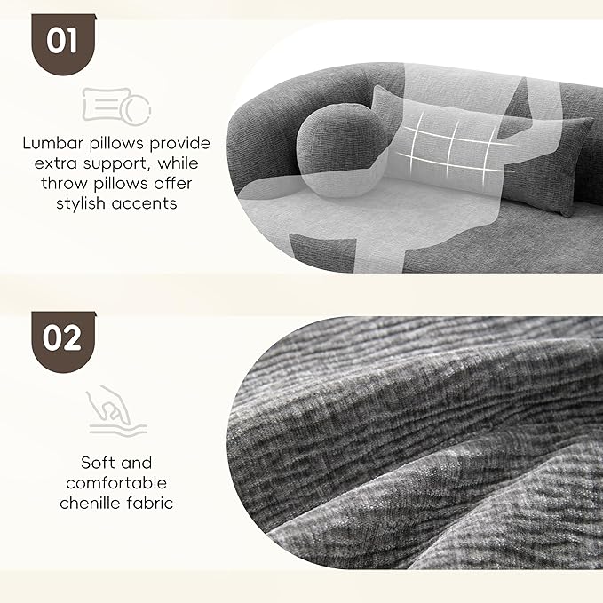 86 Curved Cloud Couch Curved SofaBoneless Couch Upholstered Sofa with Pillows No Assembly NeedChenille with High-Density Foam 3-Seater Luxury Modern Compressed SofaGray