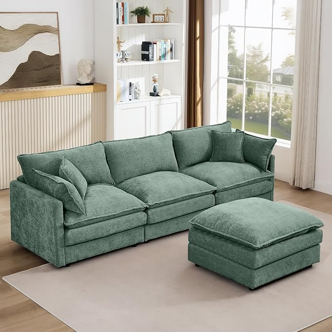 102 Mint Green Modular Sectional Sofa with Movable Ottoman Convertible L Shaped Chenille Cloud Couch Comfy 3-Seater Deep Seat Sofa Couches for Living Room Bedroom and Apartment (Mint Green 102)