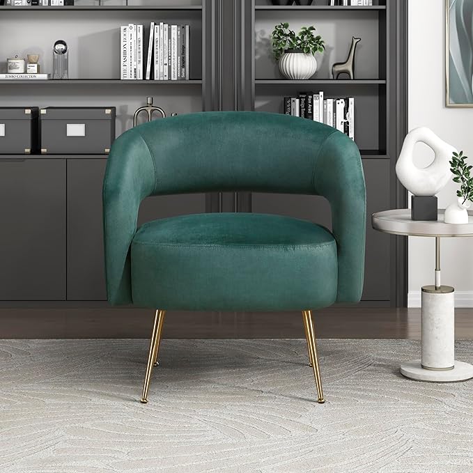 Lexicon Mid-Century Modern Velvet Accent Chair with Open Back Gold Metal Legs Upholstered Curved Barrel Armchair for Living Room/Bedroom/Office Easy Assembly Dark Green
