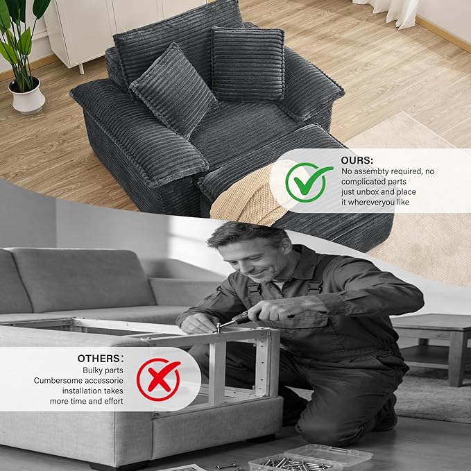Convertible Sofa BedSleeper Sofa with Deep SeatComfy Corduroy Fluffy Boneless Couch with Movable OttomanCloud Couch for Small PlaceNo Assembly Required.（SingleDark Gray）