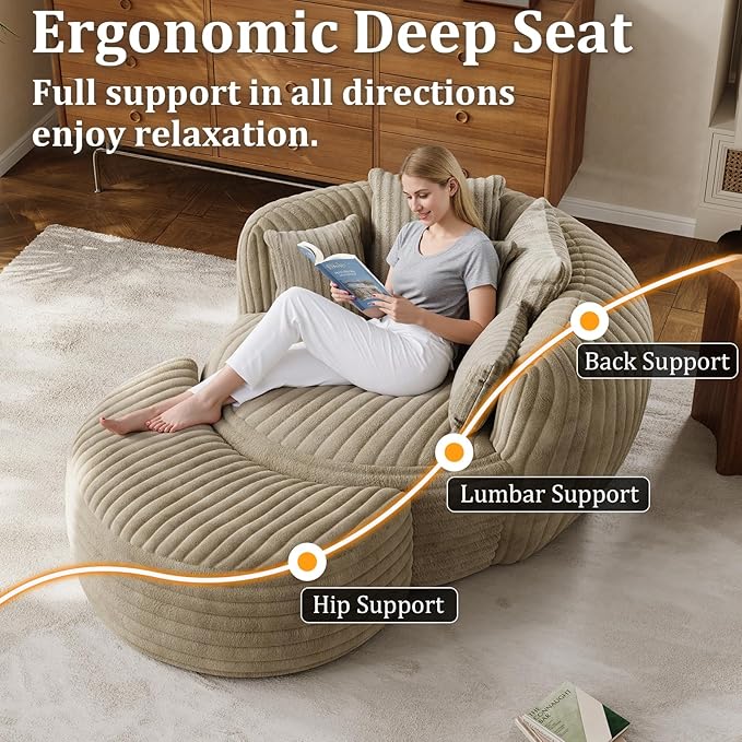 50 Oversized Chaise Lounge Indoor Round Reading Chair Lounge Chair with Ottoman Boneless Sofa Bed Large Fluffy Plush Corduroy Chaise Chair for Living Room Playroom Bedroom Camel