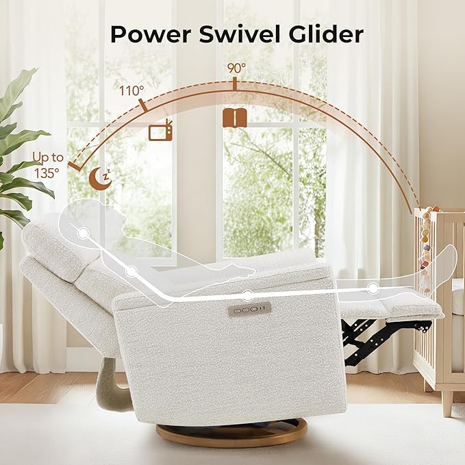 CHITA Power Swivel Glider for Adults with Nightlight Nursery Recliner Chair with Power Headrest for Living Room Bedroom Water-Resistant Boucle Fabric Boucle Fabric in Pearl