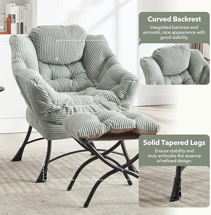 NIOIIKIT Leisure Lazy Chair with Ottoman Corduroy Upholstered Lounge Armchair with Side Pocket Comfy Reading Chair Lazy Sofa Chair for Living Room Bedroom Office (Light Green)