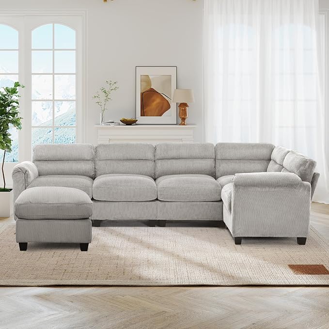 115 Modular Sectional U Shaped Corner Sofa with Movable Ottoman Corduroy 6-Seater Couches with Thick Cushion for Living Room Grey