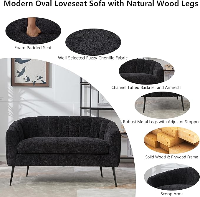 50.2 Small Sofa Couch for Small SpacesModern Chenille Loveseat CouchesOval 2 Seater Sofas with Metal Wood Legs for ApartmentDormStudioBedroomRV. (Black with Metal Legs 50.2)