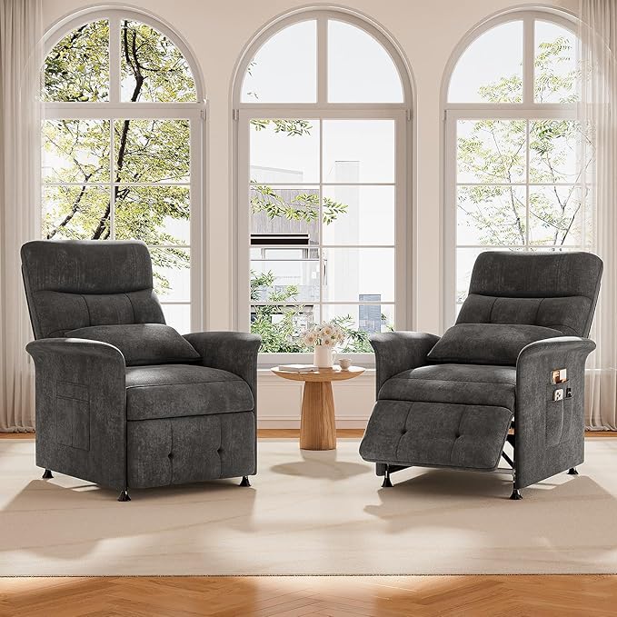 Power Recliner Chair for Adults with Heat &amp Massage - Soft Fabric Electric Reclining Sofa with Remote Control 3 Side Pockets 180° Lay Sleeper for Living Room Home Theater Dark Grey
