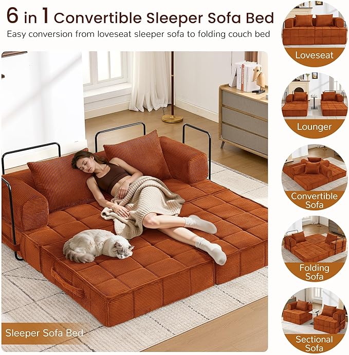 6-in-1 Convertible Sleeper Sofa Bed Corduroy Folding Mattress Couch with Fixed-Shape Frame Modular Foldable Boneless Couch Loveseat Couches with 2 Pillows for Living Room Bedroom Orange
