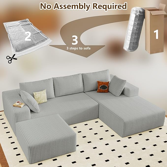 96 U-Shape Cloud Couch Modern Modular Sectional L-Shape Sofa with Ottoman Corduroy Upholstered Couches Deep Seat Chaise Longue for Living Room No Assembly Required(Light Gray Right Facing)