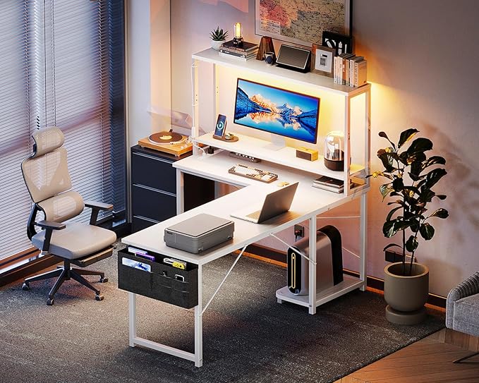 AODK L Shaped Desk Gaming Desk with LED Light &amp Power Outlet 53 Inch Reversible L Shaped Computer Table with Shelf Corner Desk with Storage Bag&ampHook for Home Office Desk White