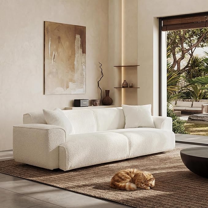 Modern 91'' Wide Cloud Couch Sofa Love Seat Couches W/Solid Frame Friendly Couch W/Boucle Couch Cozy Fabric with 2 Pillow &amp Rectangular Arm for Apartment White