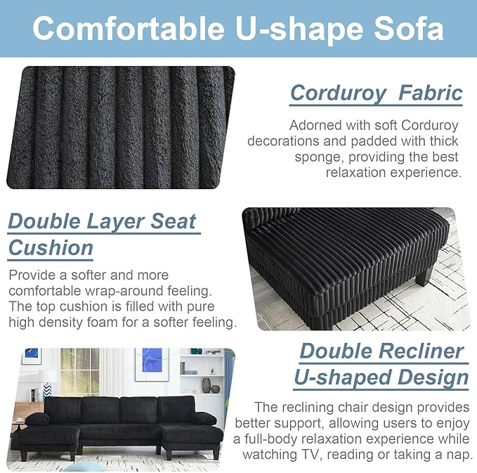 114 Cloud Couch Modular Sectional Sofa Convertible U-Shaped Couches with Double Chaise Lounge Corduroy Upholstery Sofas Double Cushions Deep Seat Sleeper Couchs for Living Room Black