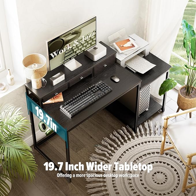 SINPAID 47 inch Computer Desk with Printer Shelf Gaming Desk with Monitor Stand and Drawers Reversible Home Office Desk with Storage Shelves and 2 Hooks Home Workstation for Study Writing Black