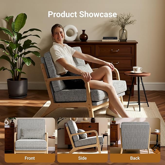 Claiks Mid-Century Modern Accent Chair Living Room Armchair with Solid Wood Frame &amp Lumbar Pillow Comfy Upholstered Lounge Chair for Bedroom Office Linen-Like Fabric Dark Gray