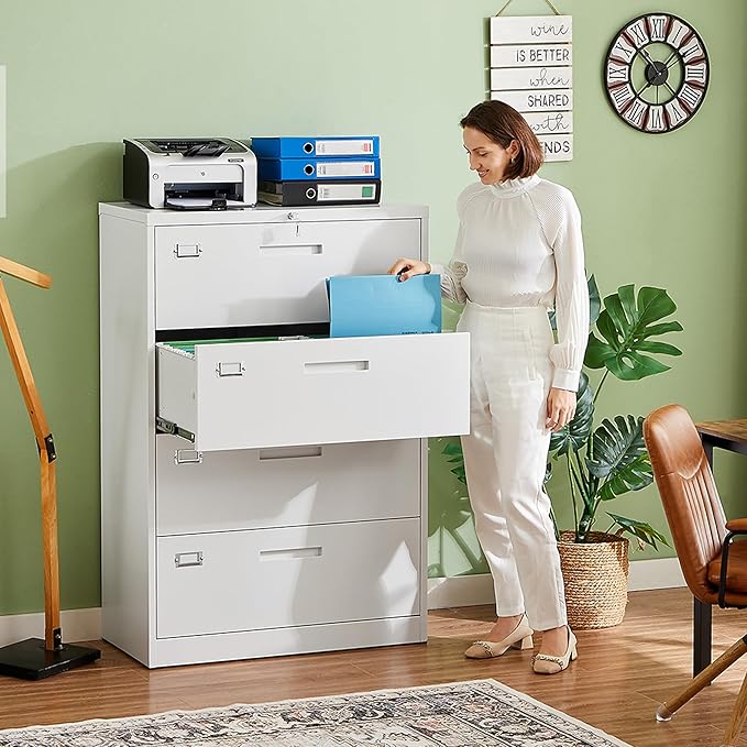 Letaya 4 Drawer File Cabinet with Lock Metal Lateral Filing Cabinet Wide Office Organization Storage for Home Office Hanging Letter/Legal/F4/A4 (White-Requires Installation)