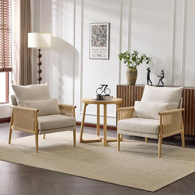 Karl home Cozy Chenille Accent Chair with Lumbar Pillow &amp Rattan Arms Modern Lounge Chair for Living Room Bedroom Reading Nook Gray