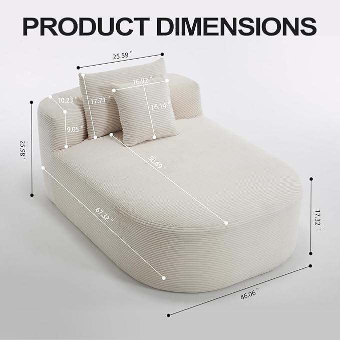 46 Chaise Lounge Chair Indoor Cloud Sleeper Sofa Bed with Pillows Corduroy Upholstered Sofa Couch for Living Room Apart No Assembly Required Beige