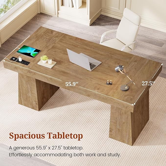 55.9 in Executive Desk with Power Outlets Modern Home Office Desk with Storage Cabinet Wood Computer Desk Business Workstation Desk Conference Table Oak (Storage Cabinet)