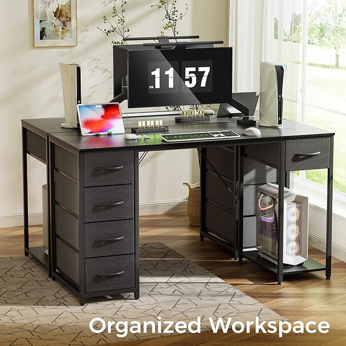 LUCKRACER Vanity Desk with 5 Fabric Drawers &amp Storage Shelves Makeup Dressing Table Computer Desks for Home Office Bedroom Black No Mirror