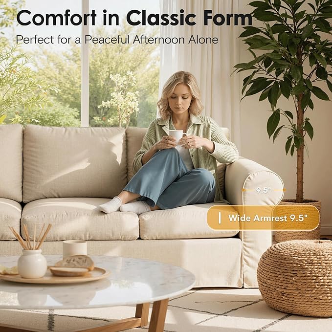 89 3 Seater Sofa for Living Room Deep Seated Comfy Couch High Back Suppor Removable Washable Couches Modern Farmhouse Rolled-Arm Sofas - Beige