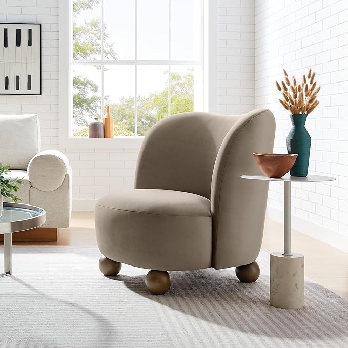 Modway Monroe Performance Velvet Accent Chair in Taupe Walnut - Upholstered Stain-Resistant Velvet Barrel Chair - Comfy Lounge Chair - Oversized Round Armless Reading Chair for Living Room Bedroom