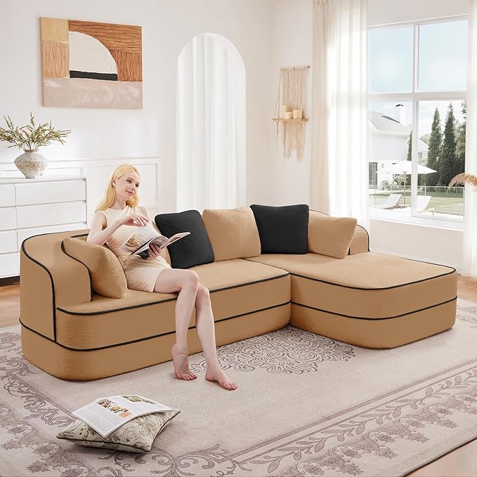 105.9 L-Shaped Boneless Sofa Right Chaise Plush Teddy Fabric 3-Seater Sectional Couches with 32D High-Resilience Foam Wide Arms for Living Room ApartmentCamel
