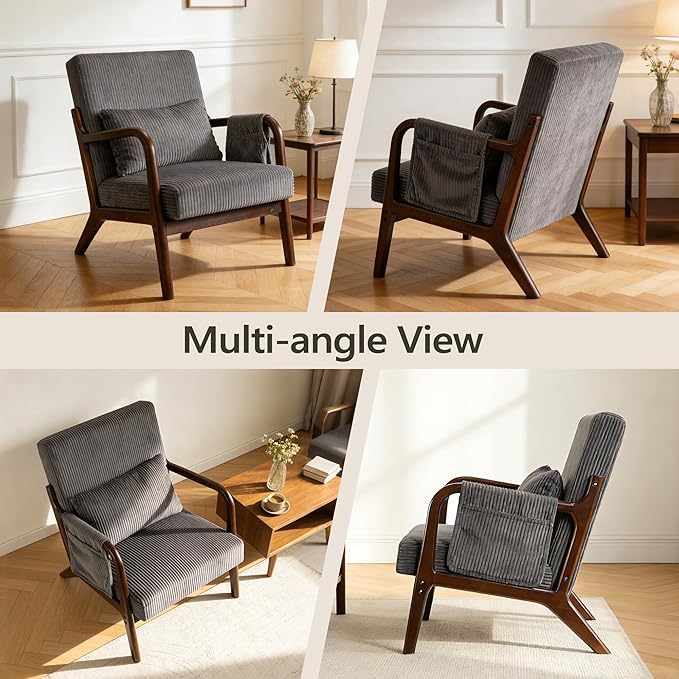 Mid-Century Modern Accent Chairs Upholstered Fabric Lounge Arm Chair with Storage Pocket Lumbar Cushion &amp Solid Wood Frame for Living Room Bedroom Balcony (Dark Gray)