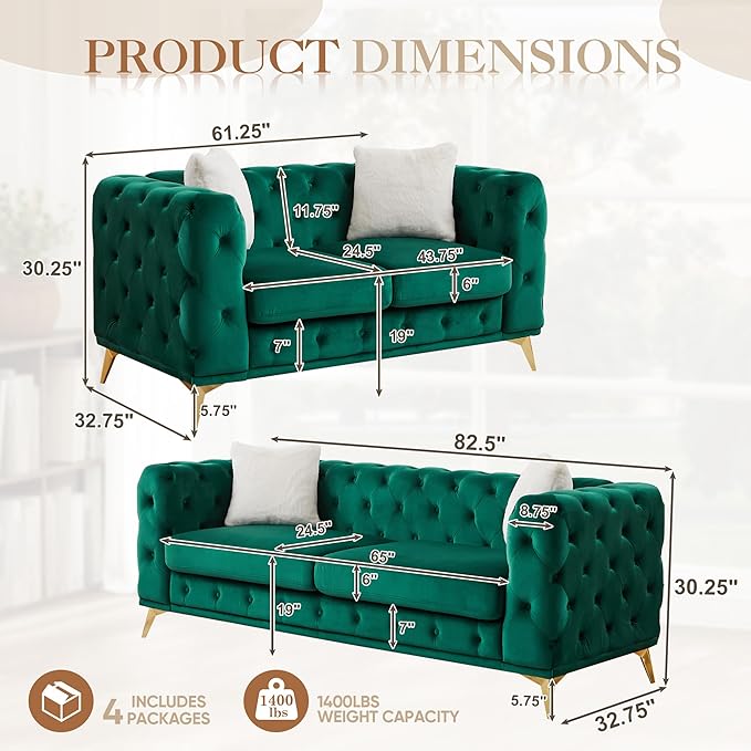 2 Piece Velvet Chesterfield Sofa Set Mid-Century Modern Love Seat Button Tufted Couch with Curved Arms Gold Metal Legs Deep Seat Comfortable Living Room Set Furniture (Green Couch and Loveseat)